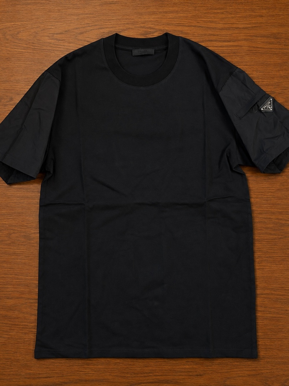 Prada Black Nylon Panel Short Sleeve T-Shirt with Sleeve Logo